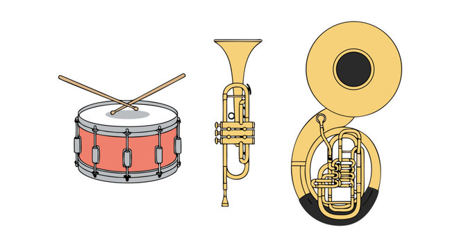 Illustration depicting a snare drum with sticks, a brass trumpet, and a large sousaphone tuba instrument.