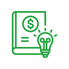 Green icon representing a book with a dollar sign and a glowing light bulb for business ideas
