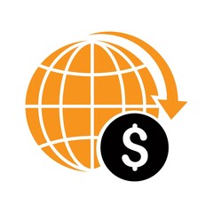 Global financial transactions concept represented by a stylized earth globe with a dollar sign and arrow