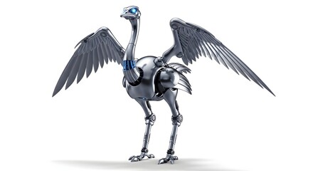Mechanical bird with spread wings isolated on white background