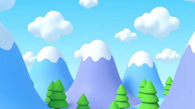 A vibrant summer nature scene featuring a green grass meadow and a forest at the foot of a snowy mountain under a blue sky with clouds in a clean vector illustration style