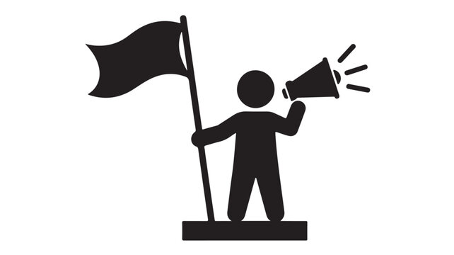 Black and white minimalist icon symbolizing leadership, communication, and advocacy; a figure holding a flag and megaphone for public address and announcement