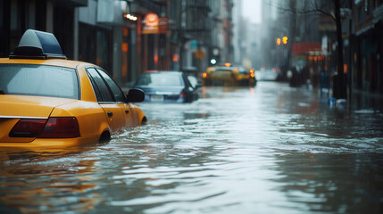 Severe urban flood cataclysm flooding city streets with submerged vehicles. Powerful background, climate change awareness, natural disaster concepts, emergency response themes, extreme weather visuals