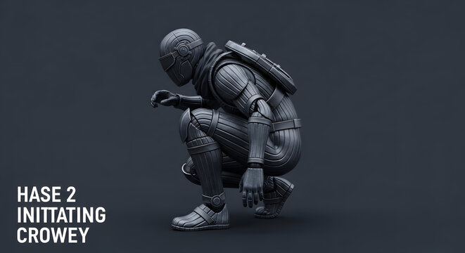 A futuristic figure in a sleek, dark suit, crouches low in an intense, determined pose against a gradient backdrop, embodying advanced technology and covert operations.