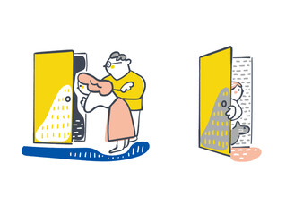 黒とグレーの不定形な影でつかみどころのない不安を描いた家族のイラスト、扉の外で案じる両親と隙間から覗く子供と猫、芽吹き いばしょの風景