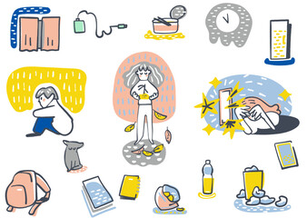 膝を抱える少年と枯れた植物を見つめる少女およびSNSの強い光を浴びる女性のイラストセット、ゴミ箱やペットボトルが散乱する孤独な部屋の風景、芽吹き いばしょの風景シリーズ