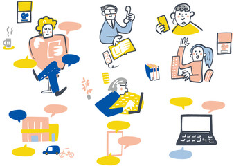 受受話器で話す男性やPC画面で手を振る女性など多様なサポーターのイラスト、行政機関やNPOによる「開かれた相談」とアウトリーチを表現した素材セット、芽吹き いばしょの風景