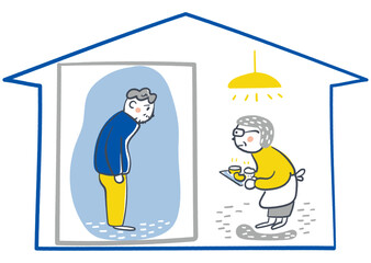 青い家のシルエットの中で背を丸めて立つ50代男性と食事を運ぶ高齢の母親、8050問題や家庭内の孤立を象徴する社会福祉・啓発用イラスト、芽吹き いばしょの風景