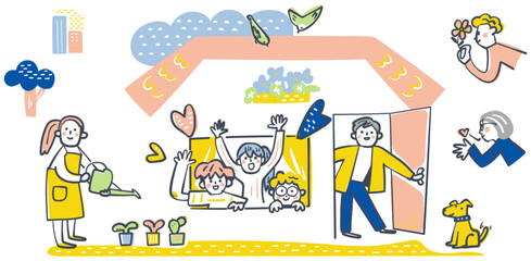 ピンク色の開いたドアから招き入れるスタッフと大きな窓から元気に手を振るピアサポーター、芽吹いた芽を応援する人々や集う小鳥が描かれた地域共生社会の風景、芽吹き いばしょの風景