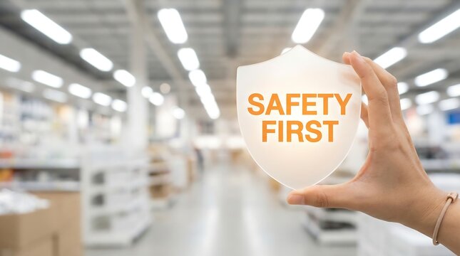 A hand firmly holds a glowing translucent shield displaying "SAFETY FIRST" against a blurred background of a modern industrial space.