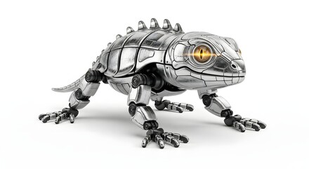 Fototapeta premium Detailed mechanical lizard robot with glowing eyes isolated on white background