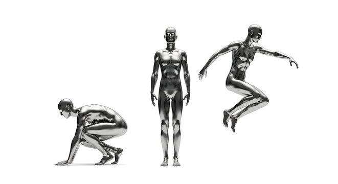 Captivating poses of the metal human in various activities, showcasing the fluid movements of the body in photorealistic imagery.