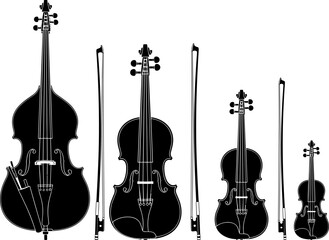 String instrument silhouettes set featuring violin viola cello and double bass with bows, classical orchestra music icons in black vector isolated on white background © Sarsoti