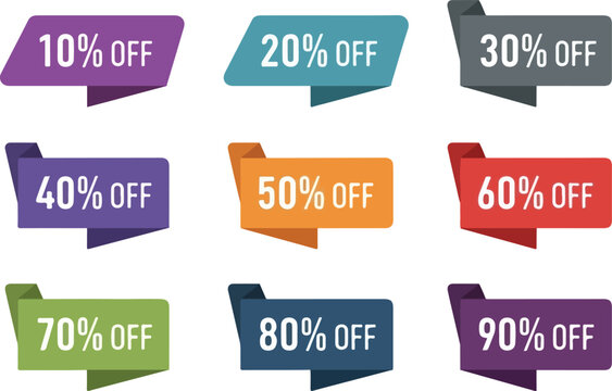 Assorted discount labels showcasing various percentage reductions in a vibrant grid arrangement
