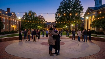 Couple hugging in a campus plaza at dusk, string lights and students create a warm social scene, ideal for university life themes and homecoming season