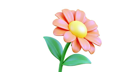 Fototapeta premium 3D Cartoon Orange Flower with Yellow Center and Green Leaves