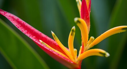 A close-up view of a vibrant heliconia flower in full bloom, showcasing its red and yellow petals in a lush green environment via RJ Whisk Auto