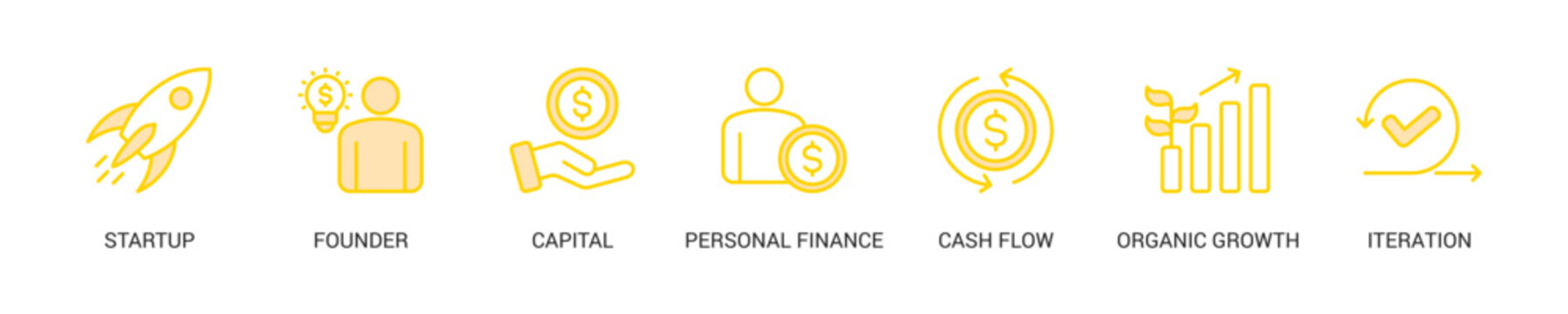 Bootstrapping Lineal Yellow Icon Set For Web Banner. Vector Illustration Concept With Some Icons. Designed In Line Color Style