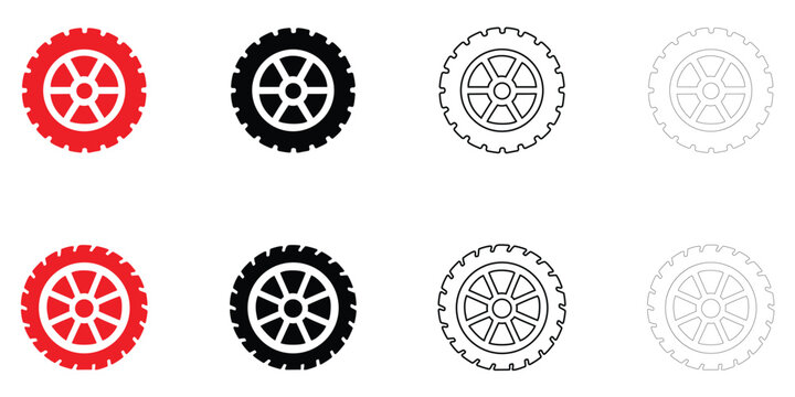 car tyre icon vector set, car wheel symbol vector, silhouette and line art illustration