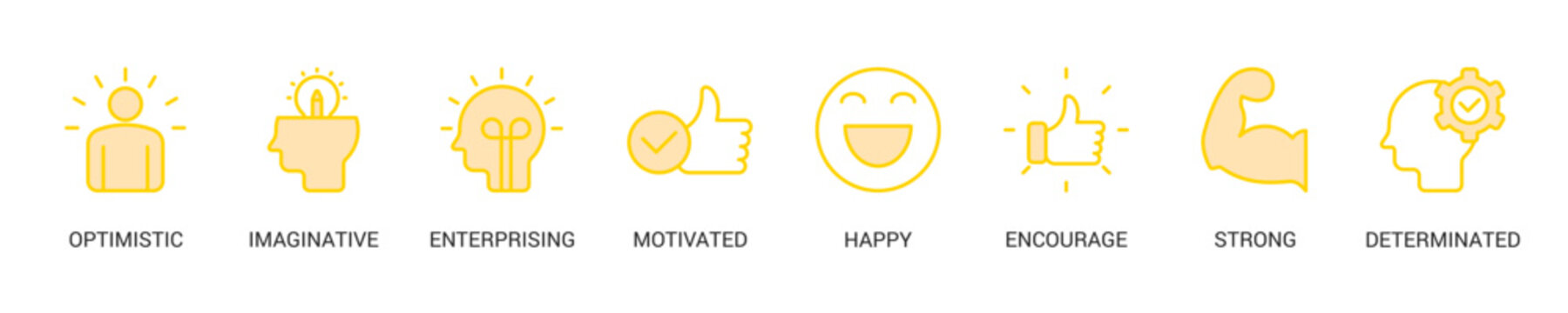 Think Positive Lineal Yellow Icon Set For Web Banner. Vector Illustration Concept With Some Icons. Designed In Line Color Style