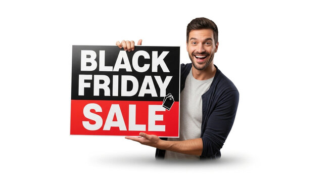 Cheerful young man holding a Black Friday Sale sign isolated on white background. Happy guy promoting seasonal discount offer, shopping concept, and marketing banner.