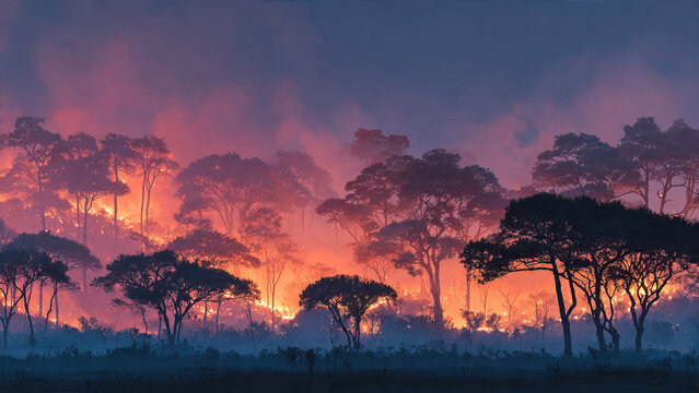 Forest fire raging with intense orange flames and smoke against a twilight sky. Photo about forest fires