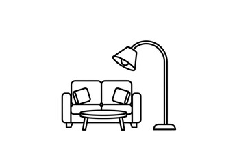 Obraz premium Cozy Corner Illustration: A simple yet inviting illustration showcasing a modern living space arrangement, featuring a comfortable sofa, coffee table, and a stylish floor lamp. 