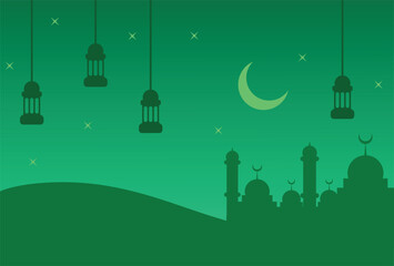 Ramadan eid mubarak festive green illustration with lanterns moon stars and mosque design.