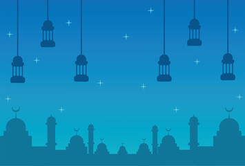 Ramadan eid mubarak celebrate with a blue islamic background featuring lanterns and stars.