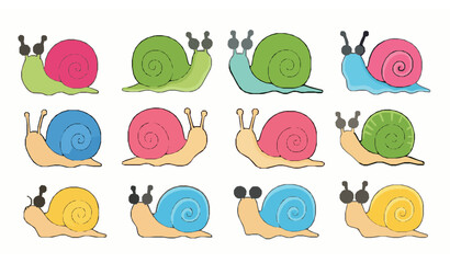 Cute colorful snail doodle vector set with hand drawn smiling cartoon snail icons © Lipi