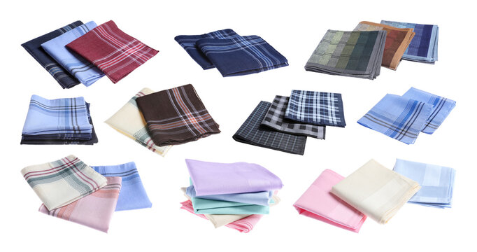 Different fabric handkerchiefs isolated on white, set