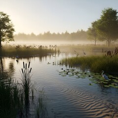 Serene Misty Morning Landscape with Wildlife in a Tranquil Wetland.