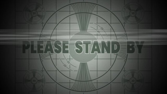 Television test pattern with text please stand by screen suitable for broadcasting, technical difficulties, tv production, retro themes, vintage concepts.