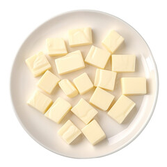 A white plate filled with cubed butter on transparent background