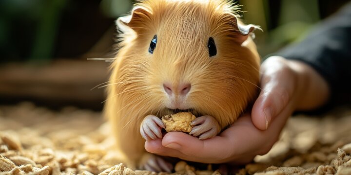 A person's hand offering a piece of food to a happy-looking guinea pig.