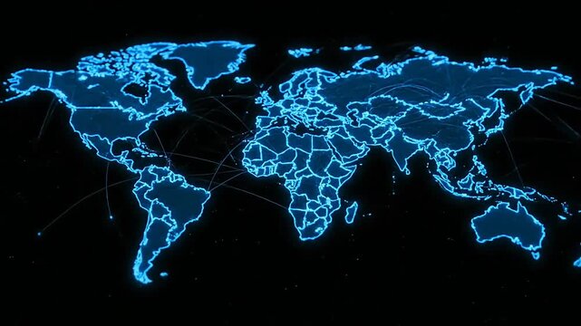 Digital Global Network Map Animation with Glowing Blue Lines and Connected Dots