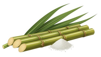 Fototapeta premium Sugar cane with leaves and sugar