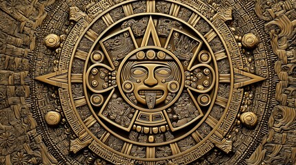 golden sun calendar relief with glowing eyes mystical visionary art