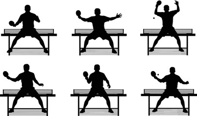 Vector illustration set of black silhouettes featuring male table tennis players in dynamic serving and hitting poses, representing competitive sport, intense action, fitness, and indoor recreation © Akadosh