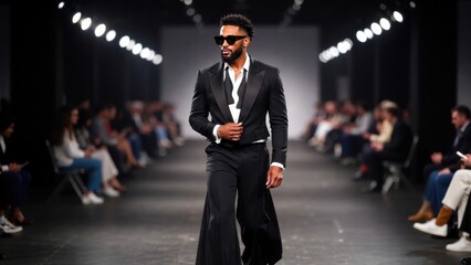 Fototapeta premium Stylish african male model in black suit walking fashion runway at fashion show event.