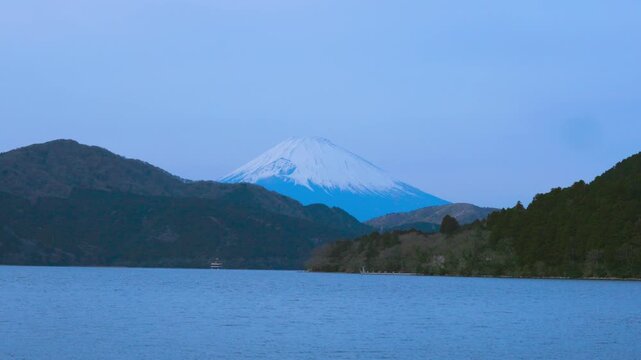 Mt. Fuji from the perspective of Lake Ashi in the Kanagawa prefecture of the Kanto region in Hakone, Japan.