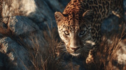 slightly elevated cinematic top view of a rocky cliffside, a leopard standing very close to the camera, occupying most of the frame 