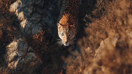 slightly elevated cinematic top view of a rocky cliffside, a leopard standing very close to the camera, occupying most of the frame 