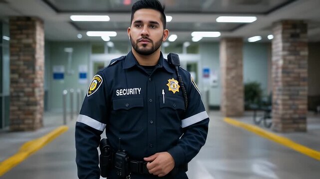 Security Guard Patrolling Hospital Entrance for Safety.