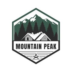 Mountain Peak Adventure Logo - Vintage Outdoor Cabin and Forest Badge Design