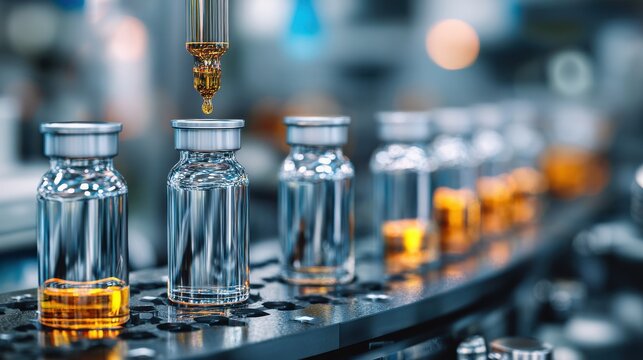 Pharmaceutical industry liquid medicine production on blurred background
