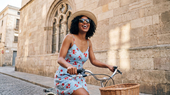 Woman riding bicycle through historic european street in summer

