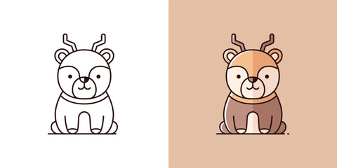 Obraz premium Adorable cartoon deer-like animal with small antlers sitting, presented as a cute vector illustration outline and colored icon, perfect for various design projects