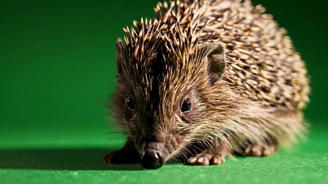 Cute Hedgehog Sniffing and Exploring on a Bright Green Studio Background