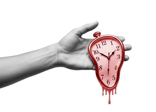 Conceptual surreal image of a hand holding a red melting clock representing urgency, stress, and deadlines.